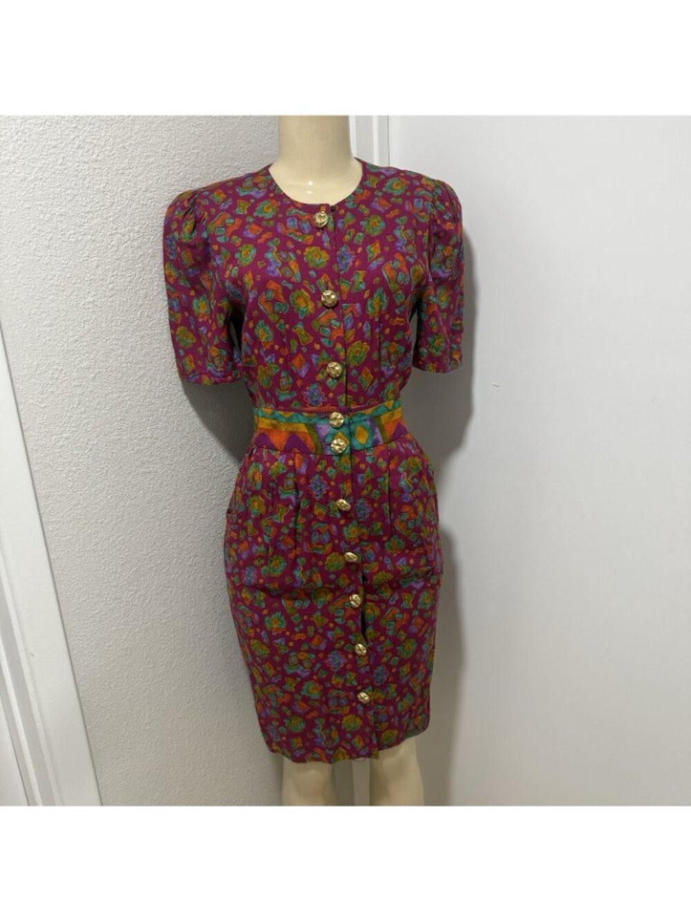 Abstract Geometric Button Front Dress Size 3/4 Vintage 80s Positive Attitude - Picture 2 of 11